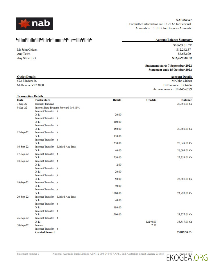 Relevé bancaire Australie NAB 2 pages xls